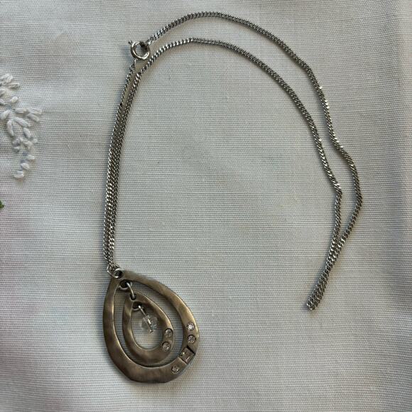 Organic Hammered Teardrop Necklace Silver Crystal Rhinestone Details - Picture 3 of 7